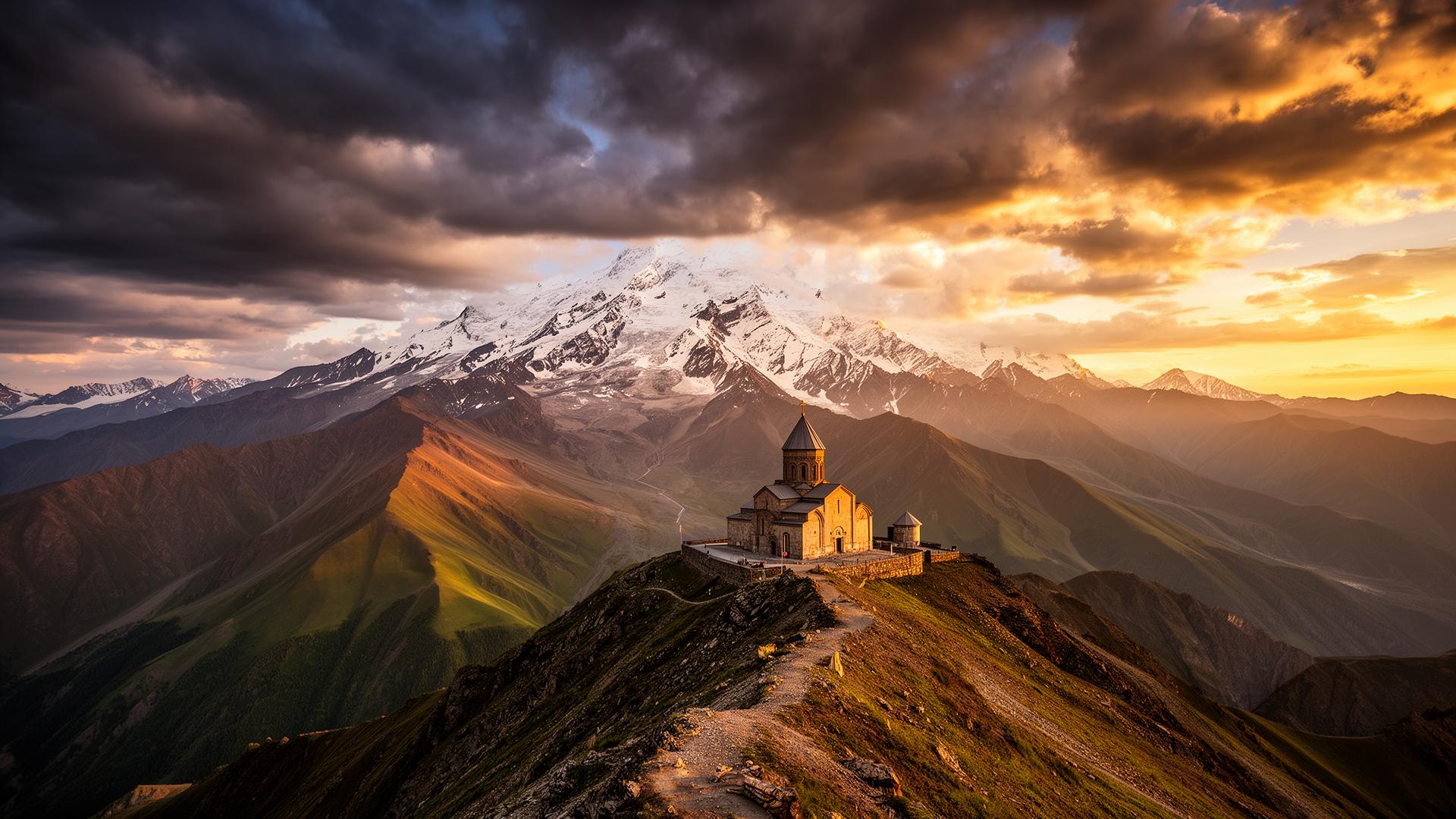 Gergeti Trinity Church and the Caucasus mountains in Georgia
